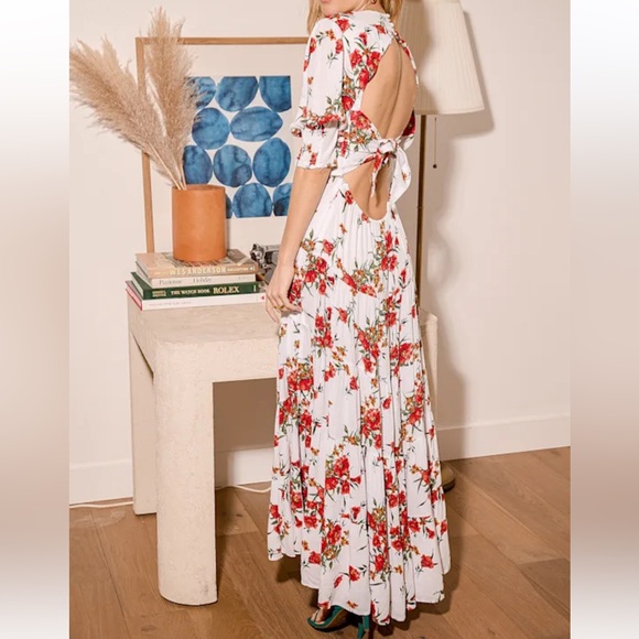 Lulus Frolic With Me White Floral Print Tie-back Tiered Maxi Dress - Size M - Picture 5 of 6